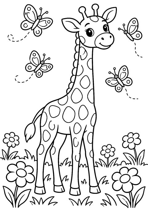 Girafa com Borboletas à Volta da Cabeça para Colorir – desenho para colorir para imprimir