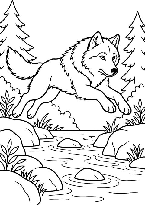 Lupo che Salta oltre un Ruscello da Colorare – disegno da colorare da stampare