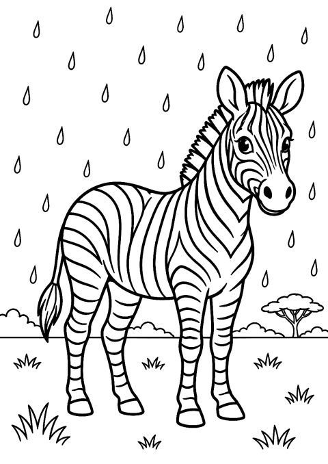 Zebra i regnen som tegneark til farvelægning – malebog til udskrivning