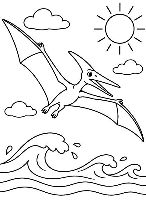 Lentävä pteranodon meren yllä värityskuvana – tulostettava värityskuva