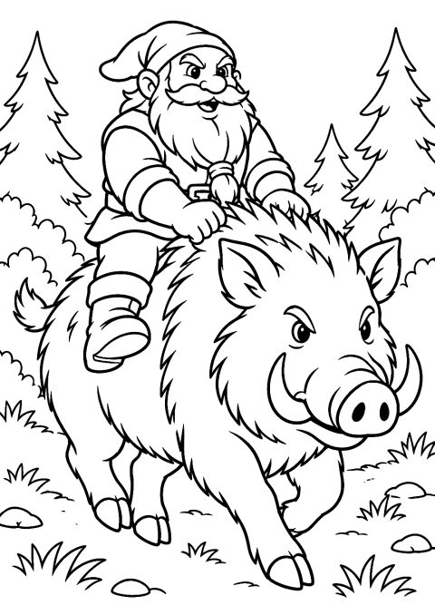 Gnome Chevauchant un Sanglier à Colorier – coloriage à imprimer