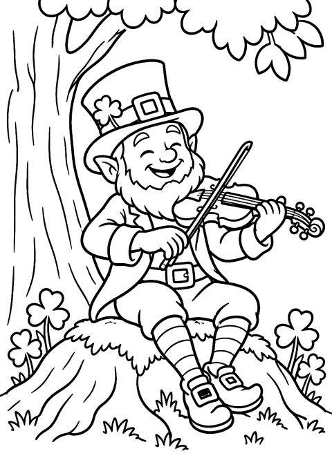 Lutin Jouant du Violon Sous un Arbre à Colorier – coloriage à imprimer