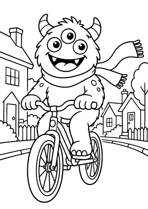 Monster fährt Fahrrad durch die Stadt als Malvorlage – Ausmalbild zum Ausdrucken