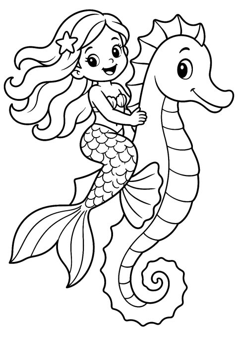 Sirena in sella a un cavalluccio marino da colorare – disegno da colorare da stampare