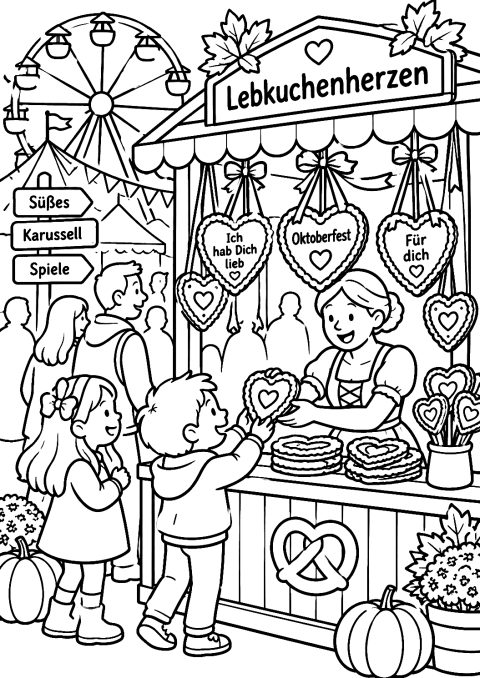 Lebkuchenherzstand auf dem Oktoberfest als Malvorlage – Ausmalbild zum Ausdrucken