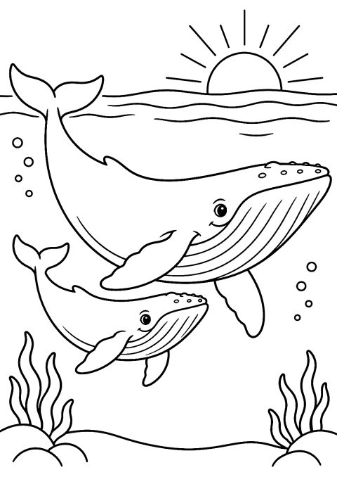 朝の光の中を泳ぐクジラの家族のぬりえ – 印刷用ぬりえ