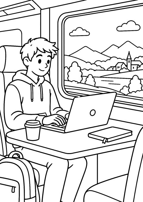 Programmatrice in treno con il portatile da colorare – disegno da colorare da stampare