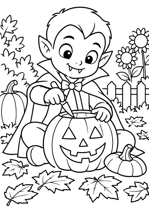 Enfant Vampire Sculptant une Citrouille dans le Jardin à Colorier – coloriage à imprimer
