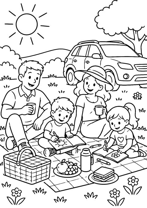 Familie på picnic ved siden af bilen som tegning til at farvelægge – malebog til udskrivning