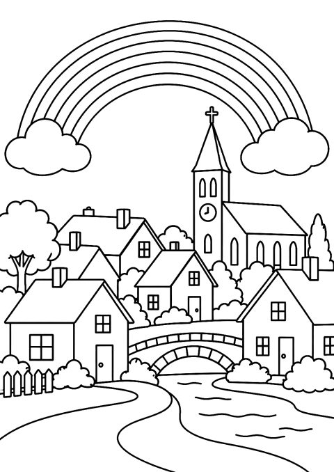 Arco-íris sobre a cidade para colorir – desenho para colorir para imprimir