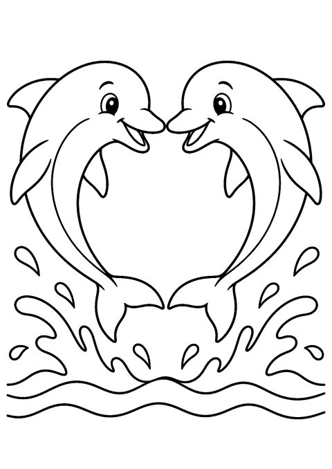 Pár delfínů tvoří srdce jako omalovánka – omalovánka k vytisknutí