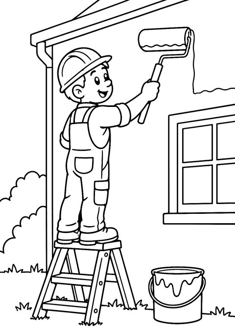 Construction Worker Painting a House Wall Coloring Page – printable coloring page