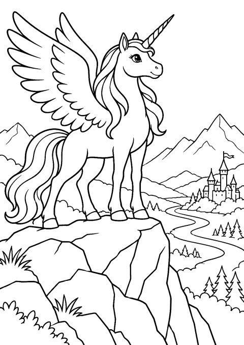 Unicorn with Wings in the Mountains Coloring Page – printable coloring page
