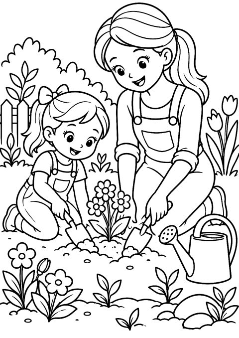 Mother and Daughter Planting Flowers in the Garden Coloring Page – printable coloring page