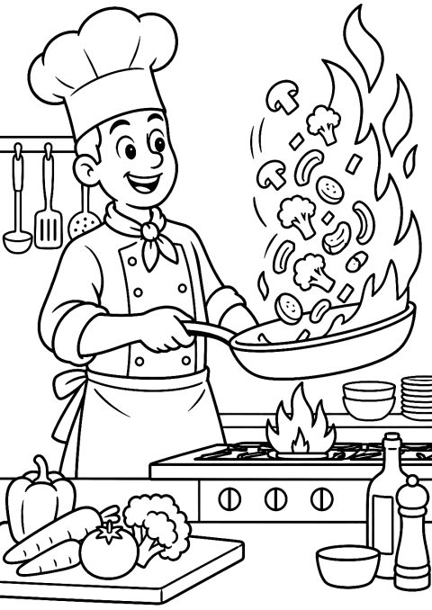Cozinheiro a Saltar uma Frigideira com Chamas para Colorir – desenho para colorir para imprimir