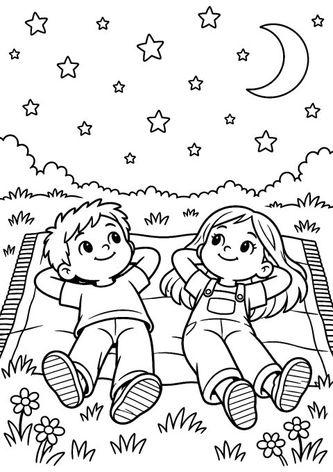 Niños observando las estrellas en el prado para colorear – dibujo para colorear e imprimir
