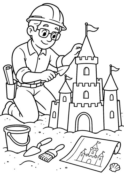 Architect Building a Sandcastle at the Beach Coloring Page – printable coloring page
