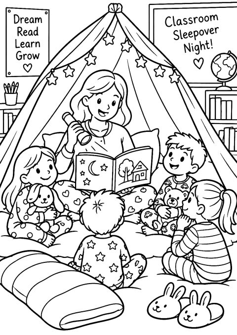 Teacher Reading Aloud in a Tent at a Sleepover Party Coloring Page – printable coloring page
