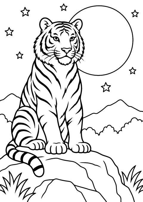 Tiger bei Nacht als Malvorlage – Ausmalbild zum Ausdrucken