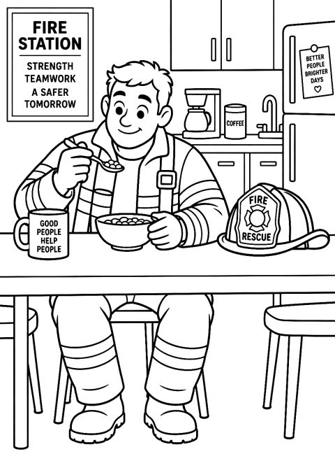 Bombero Desayunando en el Parque de Bomberos para Colorear – dibujo para colorear e imprimir