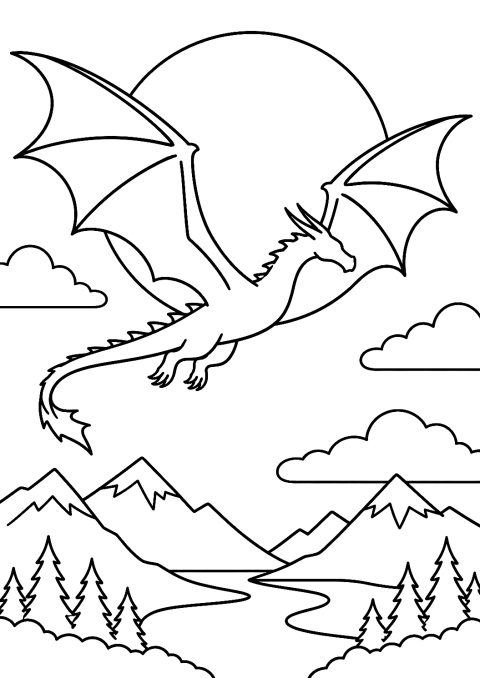 Dragão Voador ao Pôr do Sol para Colorir – desenho para colorir para imprimir