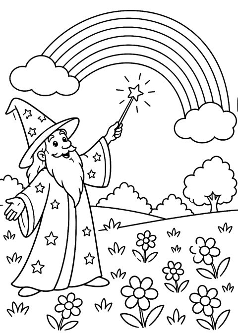 Il Mago Incanta un Arcobaleno da Colorare – disegno da colorare da stampare
