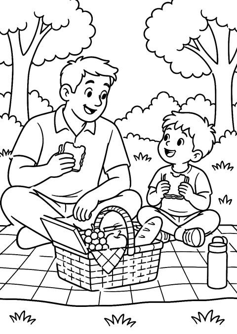 Vader en kind picknicken in het park als kleurplaat – kleurplaat om af te drukken