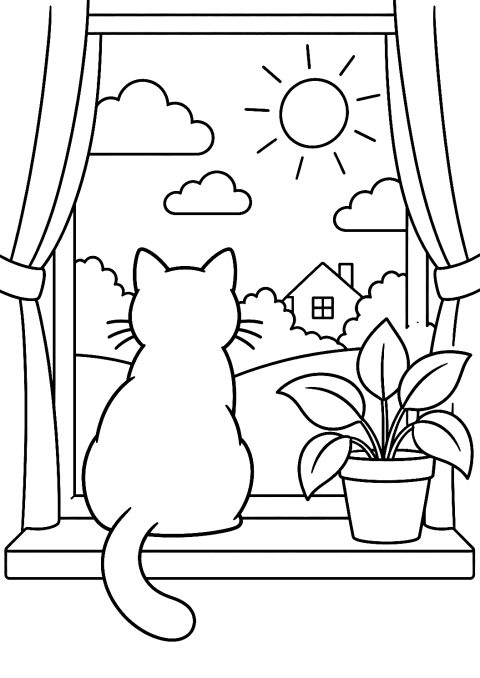 窓辺のねこの ぬりえ – 印刷用ぬりえ