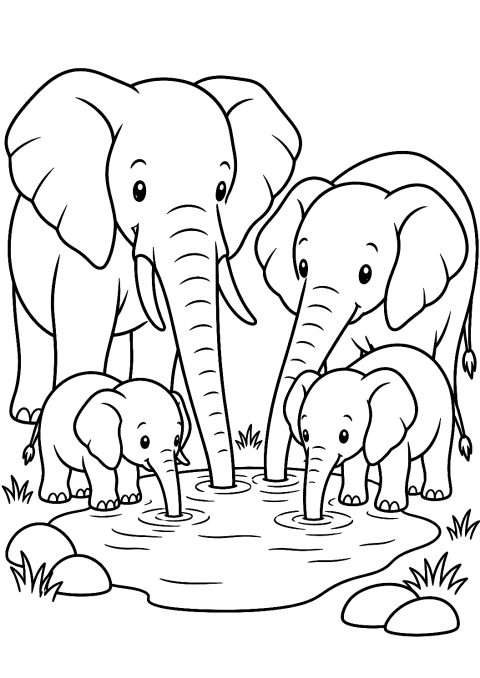 Famiglia di elefanti alla pozza d'acqua da colorare – disegno da colorare da stampare