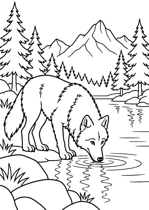 Wolf trinkt am Bergsee als Malvorlage – Ausmalbild zum Ausdrucken