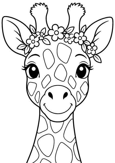 Giraffens hoved med blomsterkrans som tegning til farvelægning – malebog til udskrivning