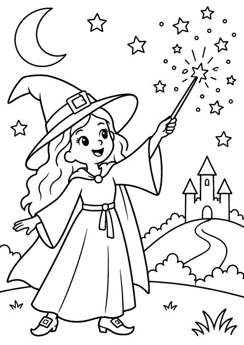 Witch Conjures Stars from Her Wand Coloring Page – printable coloring page