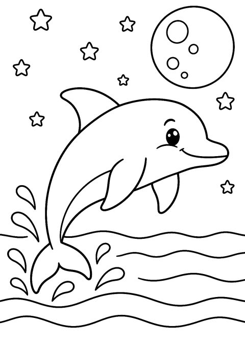 Delfin schwimmt im Mondlicht als Malvorlage – Ausmalbild zum Ausdrucken