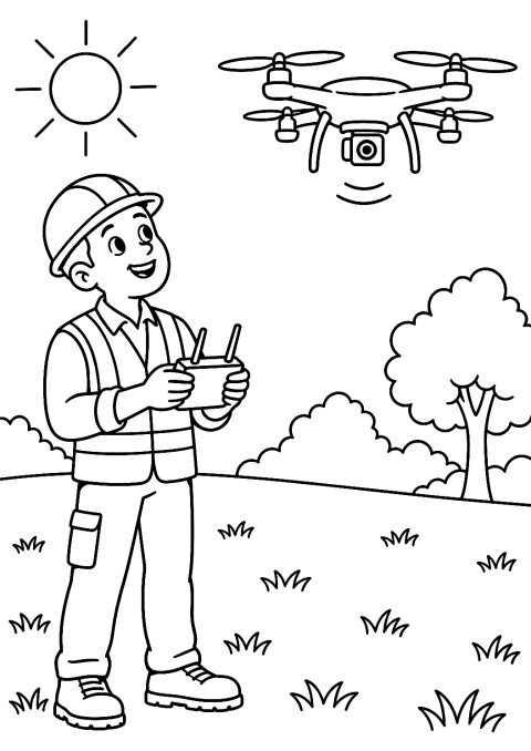 Ingénieure Pilotant un Drone au-dessus d'un Champ à Colorier – coloriage à imprimer
