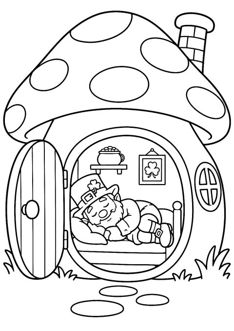 Folletto che Dorme in una Casetta Fungo da Colorare – disegno da colorare da stampare