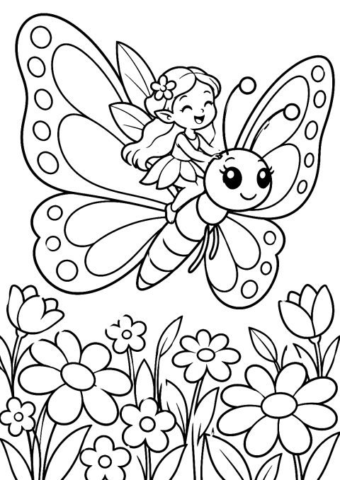 Fada Monta numa Borboleta Sobre um Campo de Flores para Colorir – desenho para colorir para imprimir