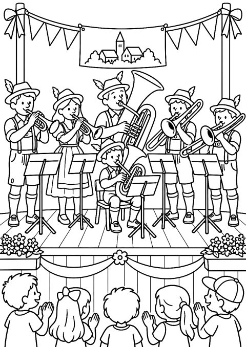 Brass Band at the Village Fair Coloring Page – printable coloring page