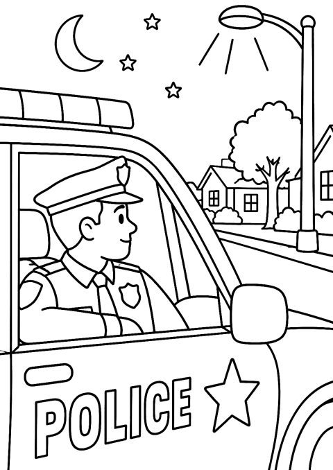 Politimann i politibil om natten som fargeleggingsark – fargeleggingsark for utskrift