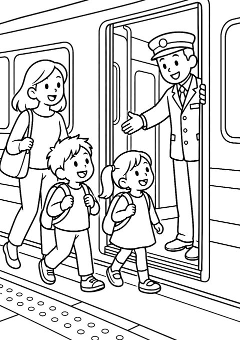 Revisora de Comboio a Dar as Boas-Vindas aos Passageiros na Porta do Comboio para Colorir – desenho para colorir para imprimir