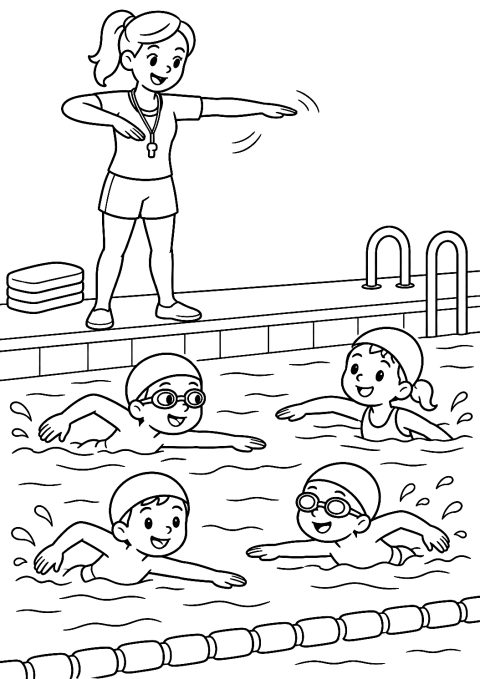Professora na Beira da Piscina Durante a Aula de Natação para Colorir – desenho para colorir para imprimir