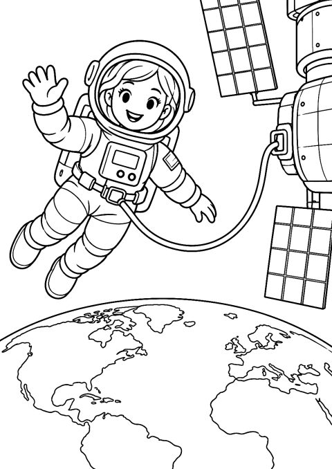 Astronauta em Passeio Espacial com Cabo de Segurança para Colorir – desenho para colorir para imprimir