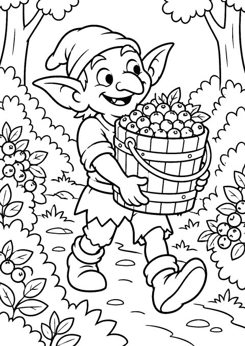 Kobold mit Eimer voller Beeren als Malvorlage – Ausmalbild zum Ausdrucken