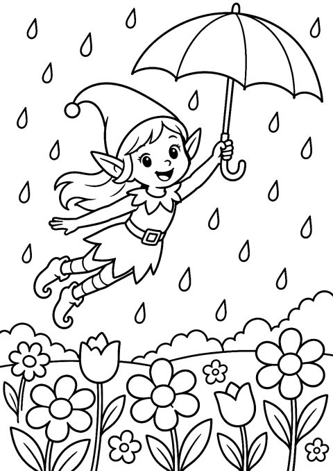 Fliegende Elfe mit Regenschirm über Blumen als Malvorlage – Ausmalbild zum Ausdrucken
