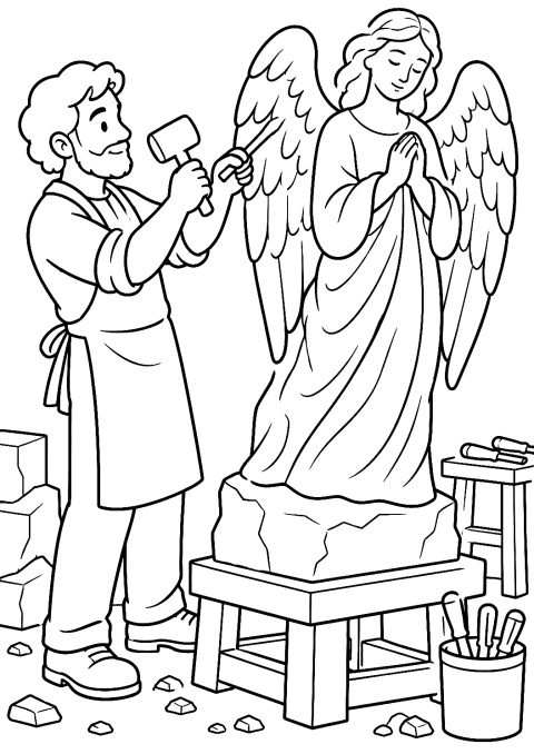 Escultora a Criar um Anjo de Pedra para Colorir – desenho para colorir para imprimir