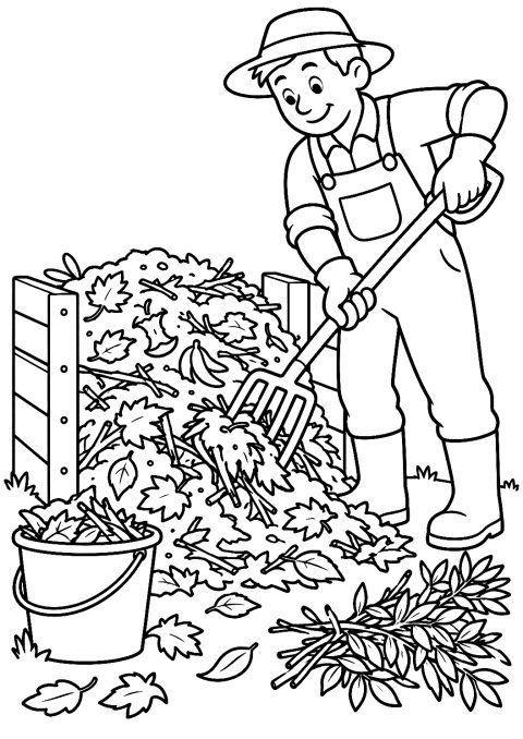 Jardinera Removiendo el Montón de Compost para Colorear – dibujo para colorear e imprimir