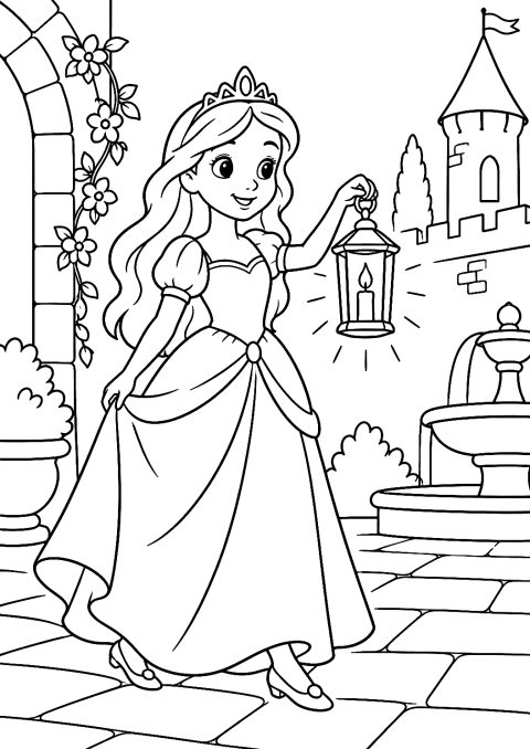 Prinsesse med lygte i slotsgården som tegneside – malebog til udskrivning