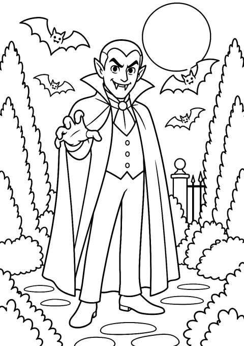 Vampire in the Garden Full of Bats Coloring Page – printable coloring page