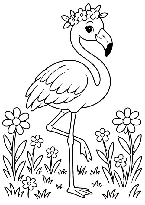 Flamingo med blomsterkrans som tegning til at farvelægge – malebog til udskrivning