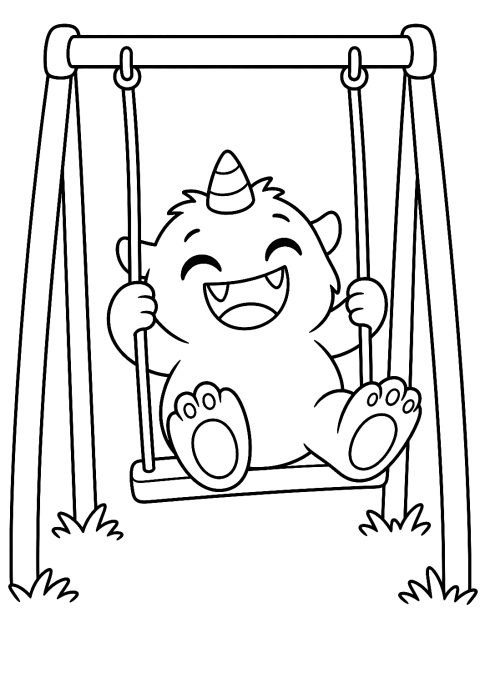 Monstruo se columpia en el parque infantil para colorear – dibujo para colorear e imprimir