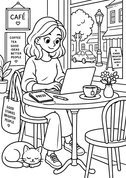 Periodista Escribiendo un Artículo en una Cafetería para Colorear – dibujo para colorear e imprimir